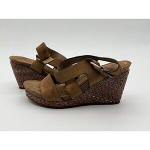 Sofft Wedge Sandals Womens Size 10 M Tan Suede Leather Strappy Cork Woven Shoes